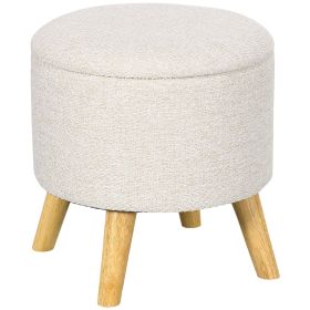 Linen Upholstered Round Storage Ottoman | Wood Legs Padded Seat Hidden Space Stool