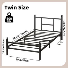 Twin Bed Frame with RGB LED Lights and Charging Station, Metal Platform Bed with Headboard and Footboard, Built-in 2 Outlets and 2 USB Ports