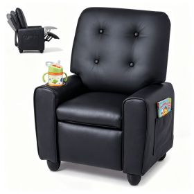 Black Kids Recliner Sofa with Retractable Footrest, Waterproof PU Leather Toddler Chair with Cup Holder & Side Pockets
