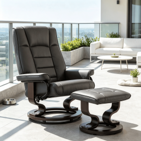 Brown Faux Leather Reclining Chair with Ottoman Manual Recliner Tufted Back Wood Frame Living Room Furniture