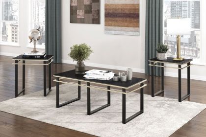 Black Coffee Table and End Tables Set Occasional 3pc Tables Tempered Glass Top Metal Frame Modern Living Room Furniture