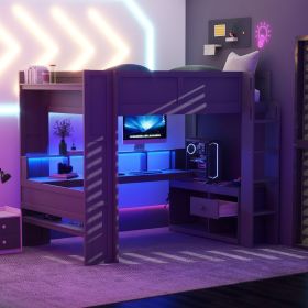 Wood Full Size Gaming Loft Bed with Desk, Multi-storage Shelves, LED and Charging Station, Dark Gray (Old SKU:SM000374AAE)