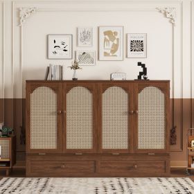 Queen Size Murphy Bed, Pine Wood Cabinet Bed with Power Station and Rattan Decoration Panel,Walnut