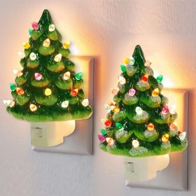 2 Pack Christmas Ceramic Tree Night Lights, Decorative Xmas Tree Nightlight with Lamp