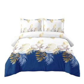 3 Piece Duvet Cover Set, US Designer Navy Blue And Gold Tropical Floral Botanical Print High GSM Heavyweight Comforter Cover With Zipper & Corner (Option: Cal King)