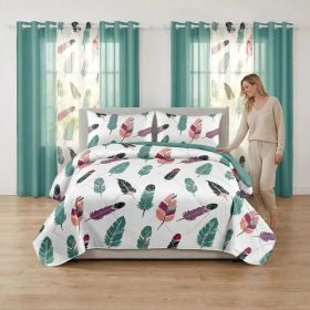 9-Piece Boho Feather Bedding & Curtain Set (Queen/King/Cal King) - Quilted Microfiber Bedspread + Sheer Curtains (Option: colorful feather-KING)