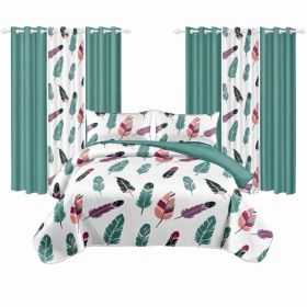9 Piece Room In A Bag Quilt And Curtain Set, US Designer Boho Feather Print Heavyweight Bedspread With 6 Customizable Window Panels, Pet-Friendly (Option: Cal King)