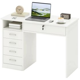 Home Office Desk with Storage, Computer Desk with Lockable Drawer and Open Compartment, White (Option: White)