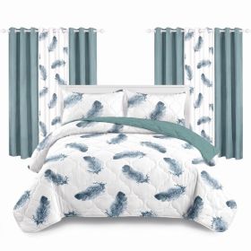 9-Piece Blue Feather Bedspread And Curtain Set, Reversible Microfiber Bedding Set For Queen And King (Option: Queen)