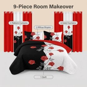 9-Piece Black and White Red Floral Quilt and Curtain Set, Reversible Microfiber Bedspread with 2 Pillow Shams and 6 Window Curtains, Queen, King (Option: King)