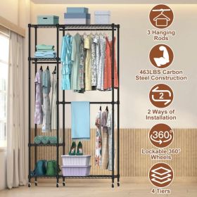 4 Tier Heavy Duty Garment Rack with Wheels Carbon Steel Clothing Rack Portable Wardrobe Clothes Rack with 3 Hanging Rods 6 Footrests 44.9x17.13x7 (Option: as pic)