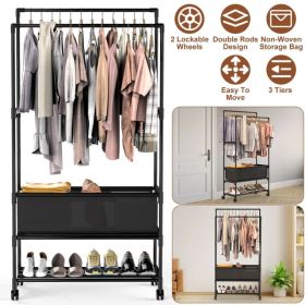 3 Tiered Portable Clothing Rack For Bedroom Entryway Double Hanging Rods Sturdy Iron Garment Rack With Double Hanging Rods Adjustable Storage Bag (Option: as pic)
