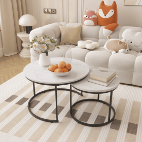 27.6" Nesting Coffee Table Set of 2, Round Coffee Table Wood Marble Pattern Top with Sturdy Metal Frame (Color: as Pic)