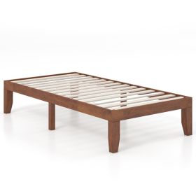 14 Inch Twin Size Rubber Wood Platform Bed Frame with Wood Slat Support (Color: Walnut)