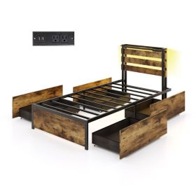 Full/Queen/Twin Size Bed Frame with Drawers LED Lights and USB Ports (size: Twin Size)